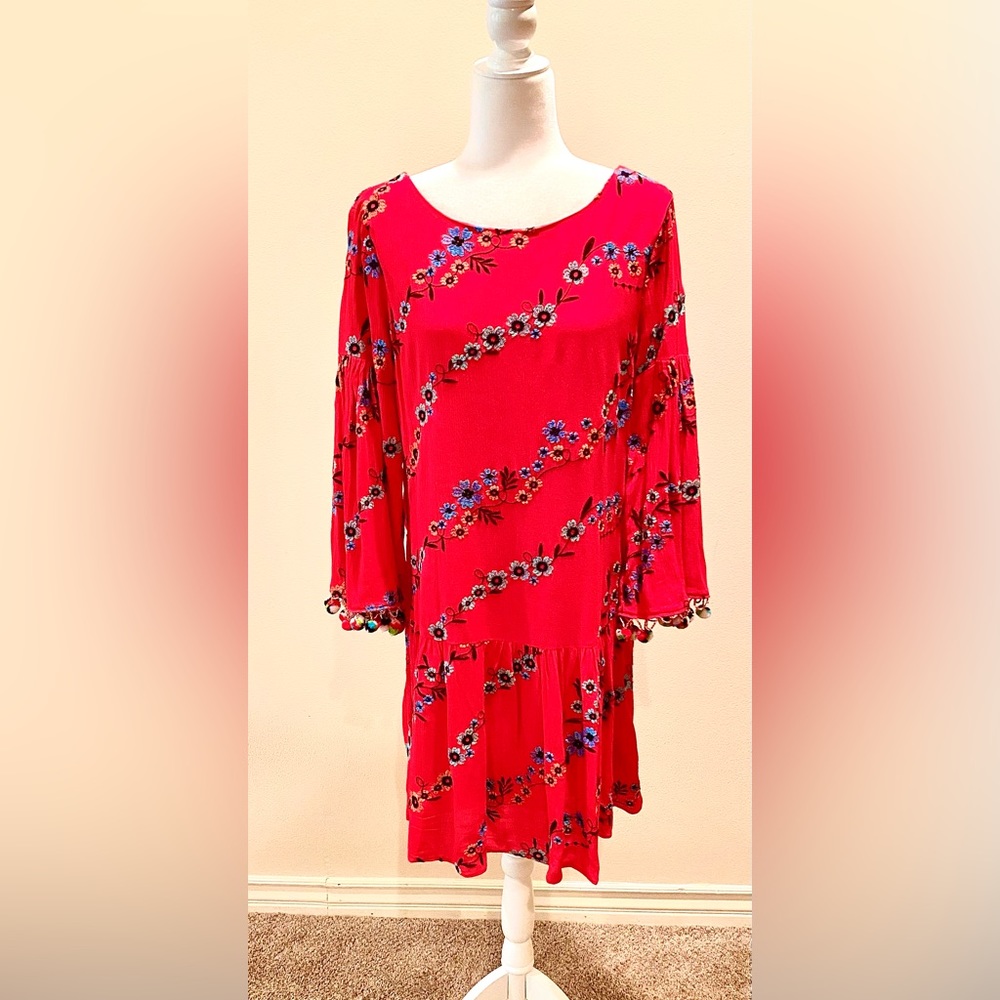L Nicole Miller dress red blue floral embroidery pom bell sleeves drop waist